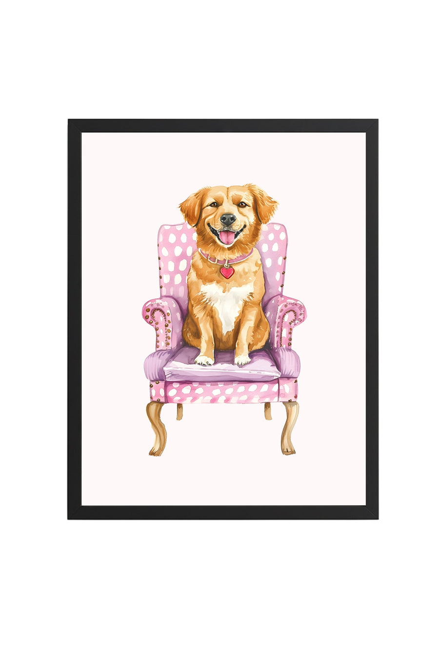 Doğal Ahşap Çerçeveli Golden Retriever Köpek Tablo - Retro Hayvan Portresi | huhu2596