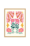 Doğal Ahşap Çerçeveli Retro Çiçekli Tablo - Pembe Tonlarda Floral Desen | huhu2597