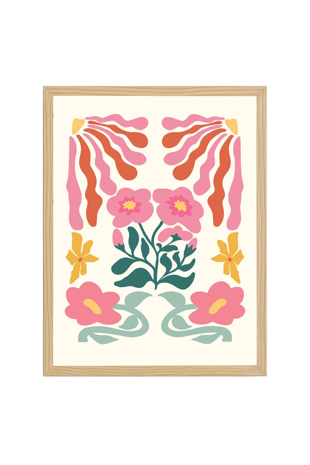Doğal Ahşap Çerçeveli Retro Çiçekli Tablo - Pembe Tonlarda Floral Desen | huhu2597