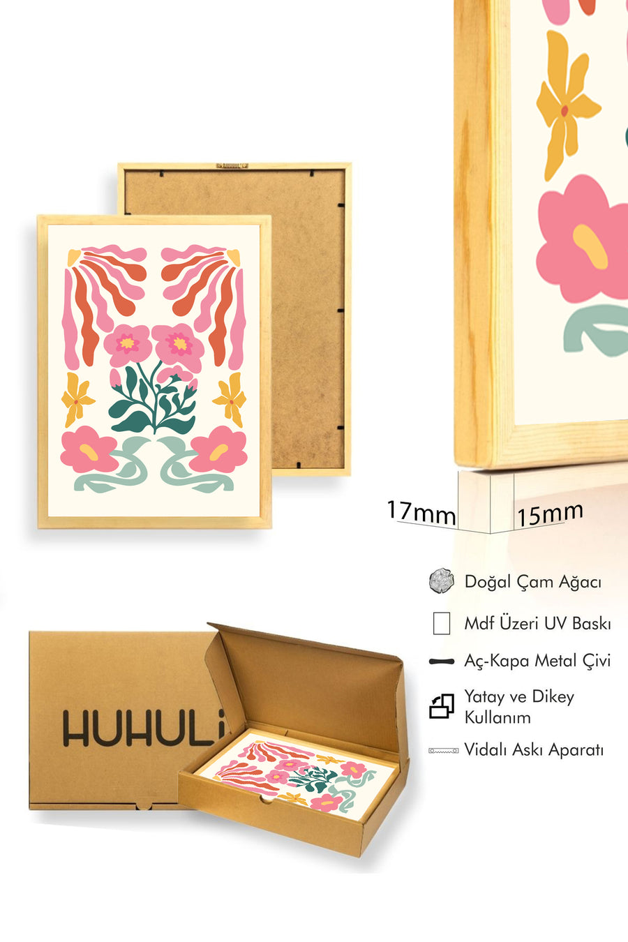 Doğal Ahşap Çerçeveli Retro Çiçekli Tablo - Pembe Tonlarda Floral Desen | huhu2597