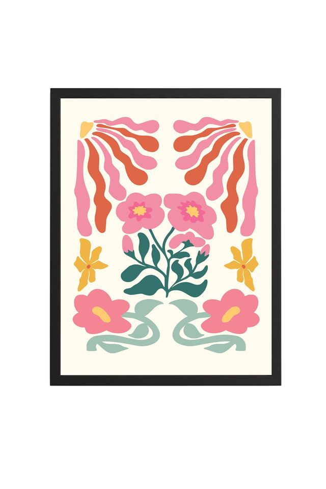 Doğal Ahşap Çerçeveli Retro Çiçekli Tablo - Pembe Tonlarda Floral Desen | huhu2597