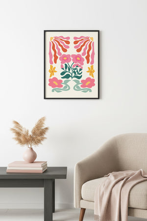 Doğal Ahşap Çerçeveli Retro Çiçekli Tablo - Pembe Tonlarda Floral Desen | huhu2597