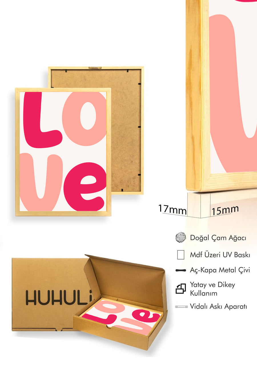Doğal Ahşap Çerçeveli Pop Art Love Yazılı Tablo - Retro Pembe Tonlar | huhu2598