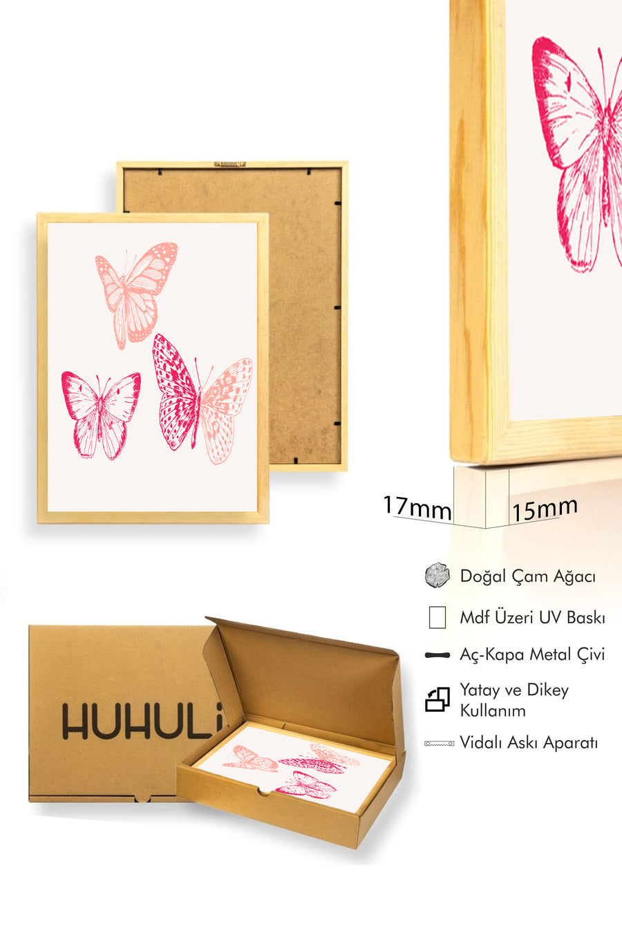 Doğal Ahşap Çerçeveli Retro Kelebek Tablo - Pembe Tonlar Desenli Duvar Dekoru | huhu2603