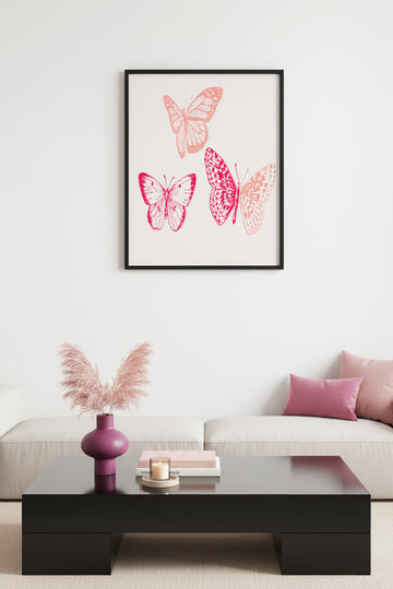 Doğal Ahşap Çerçeveli Retro Kelebek Tablo - Pembe Tonlar Desenli Duvar Dekoru | huhu2603