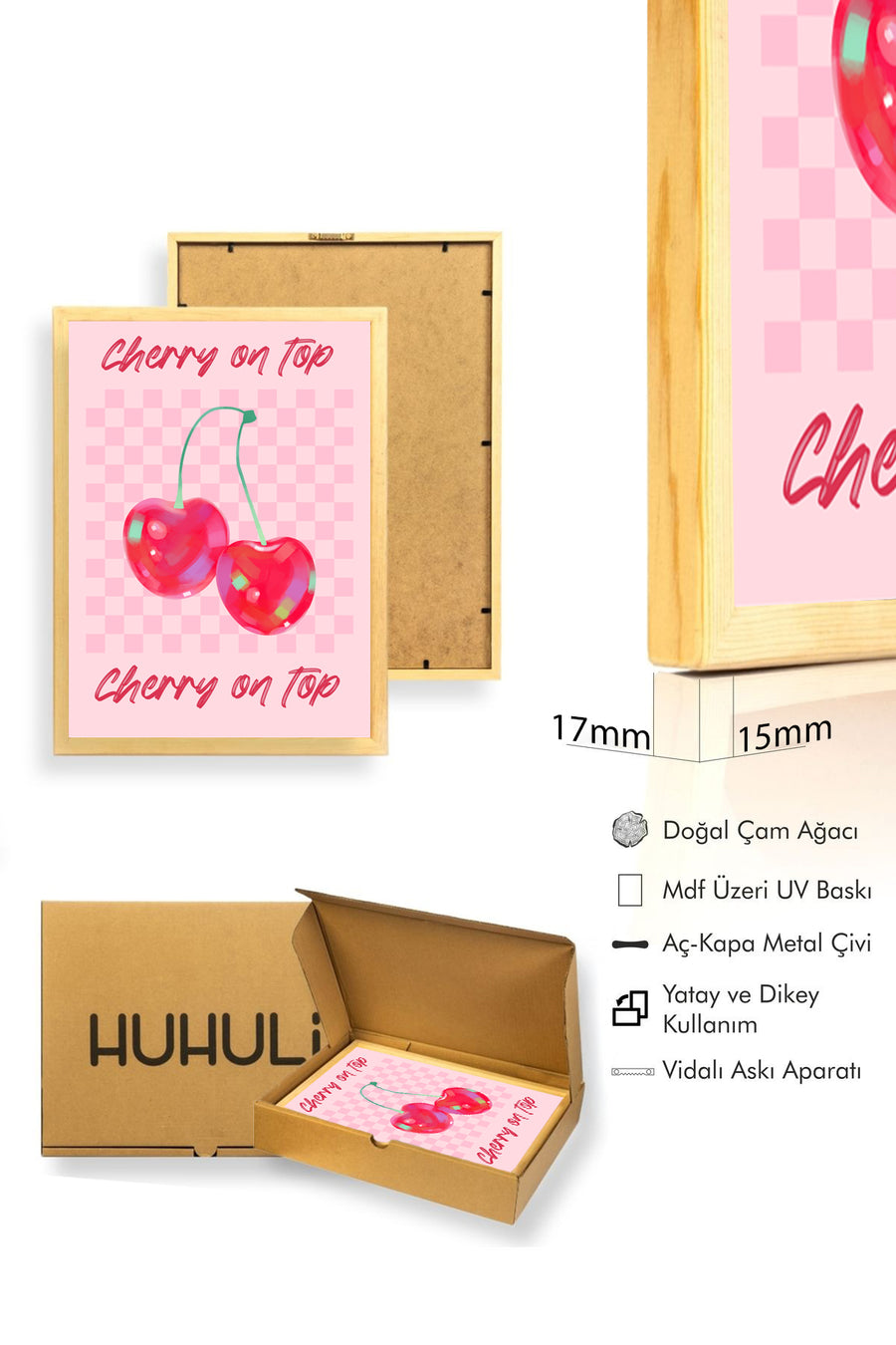 Doğal Ahşap Çerçeveli Pop Art Cherry On Top Tablo - Retro Kiraz Desenli | huhu2604