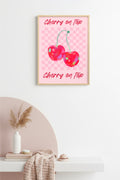 Doğal Ahşap Çerçeveli Pop Art Cherry On Top Tablo - Retro Kiraz Desenli | huhu2604