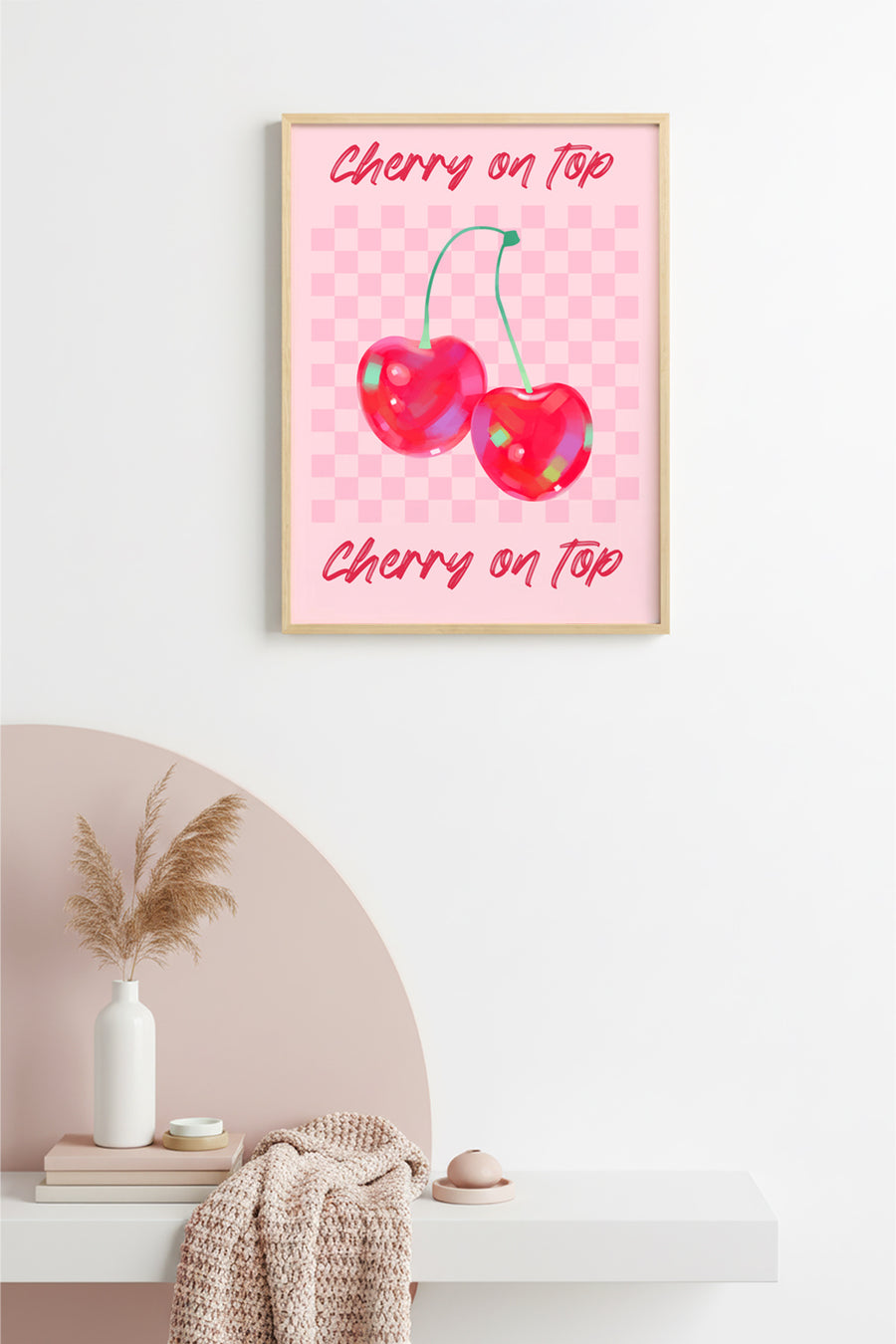 Doğal Ahşap Çerçeveli Pop Art Cherry On Top Tablo - Retro Kiraz Desenli | huhu2604