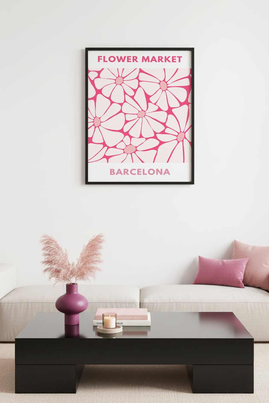 Doğal Ahşap Çerçeveli Retro Çiçek Desenli Tablo - Barcelona Floral Baskı | huhu2605