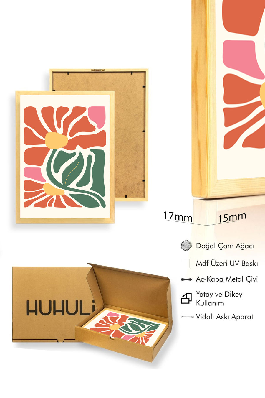 Doğal Ahşap Çerçeveli Retro Soyut Çiçekli Tablo - Pastel Tonlar | huhu2607