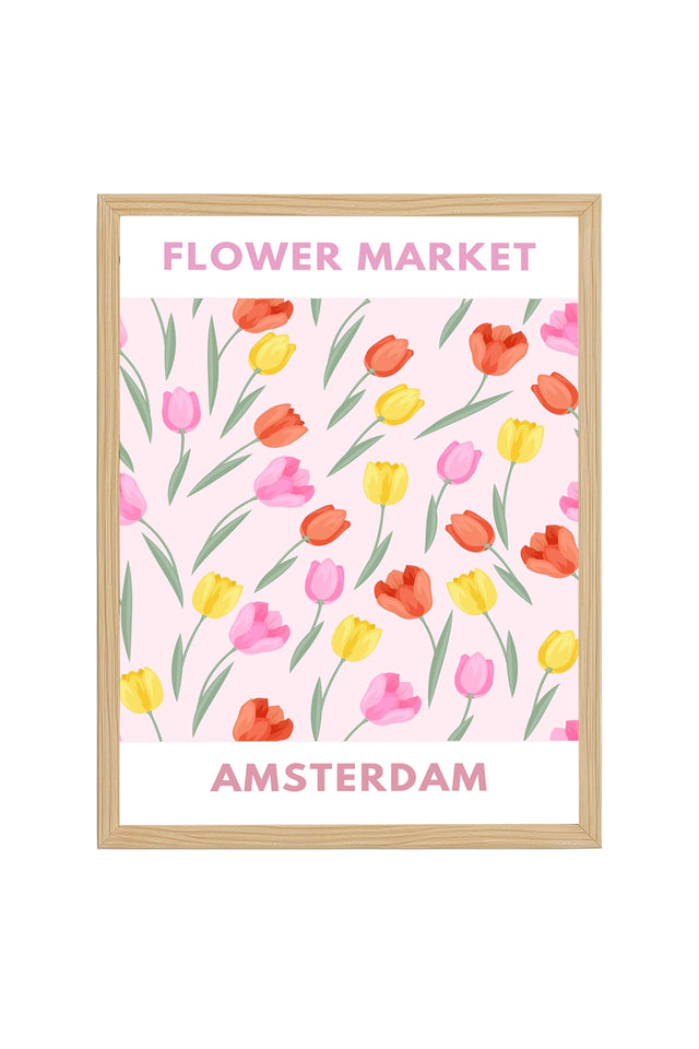 Doğal Ahşap Çerçeveli Pastel Bahar Çiçekli Tulip Tablo - Vintage Desen | huhu2610