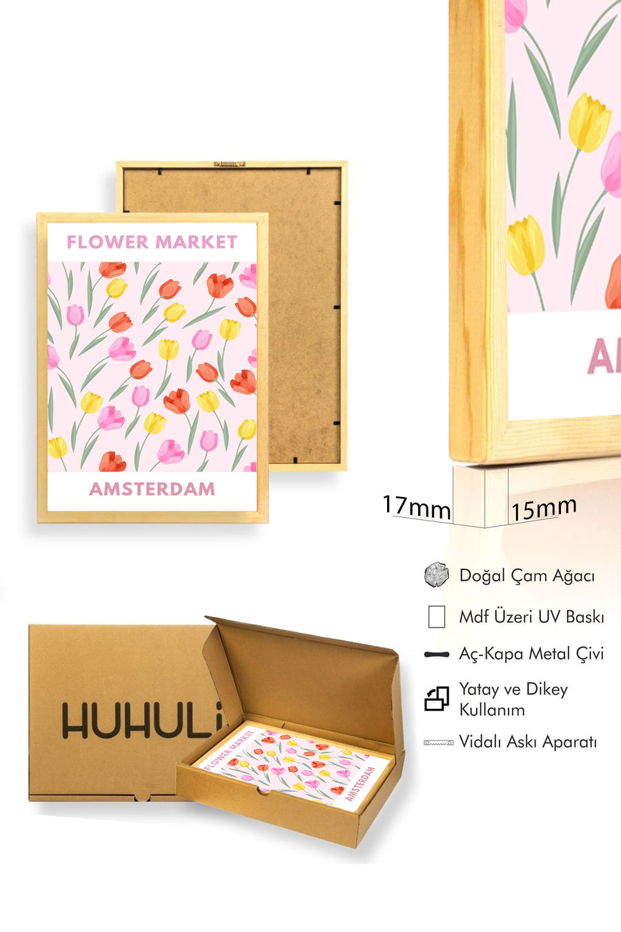 Doğal Ahşap Çerçeveli Pastel Bahar Çiçekli Tulip Tablo - Vintage Desen | huhu2610