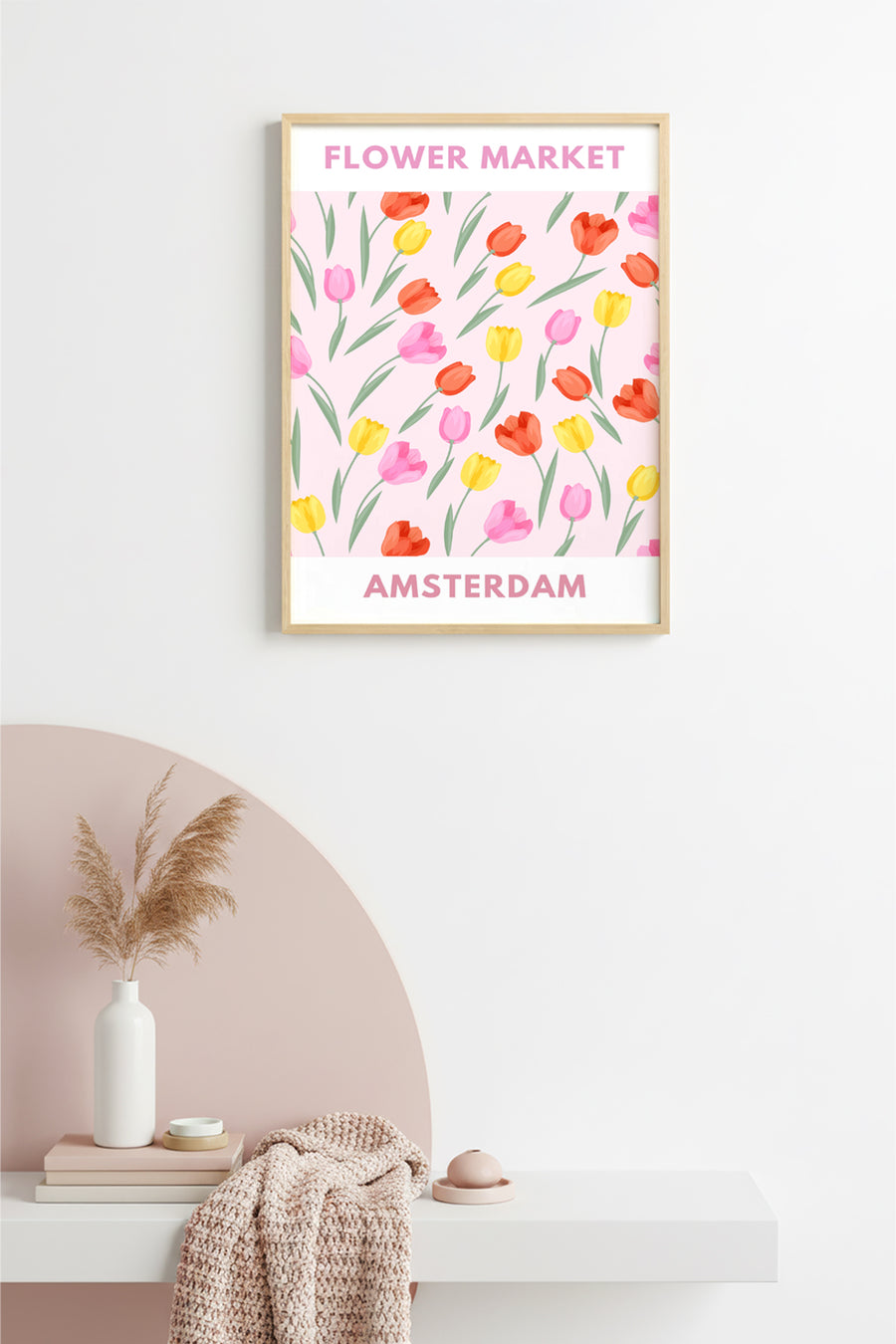 Doğal Ahşap Çerçeveli Pastel Bahar Çiçekli Tulip Tablo - Vintage Desen | huhu2610