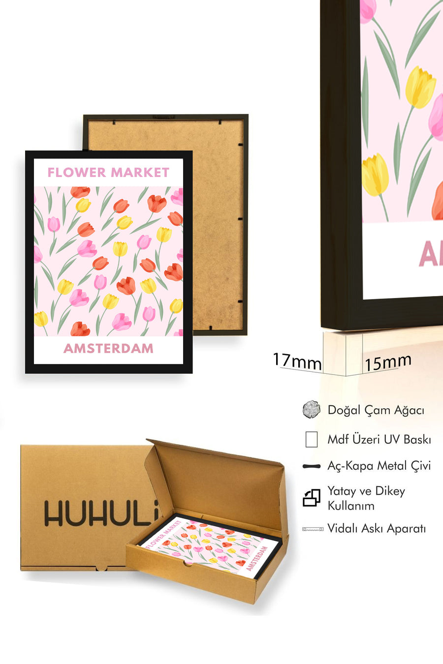 Doğal Ahşap Çerçeveli Pastel Bahar Çiçekli Tulip Tablo - Vintage Desen | huhu2610