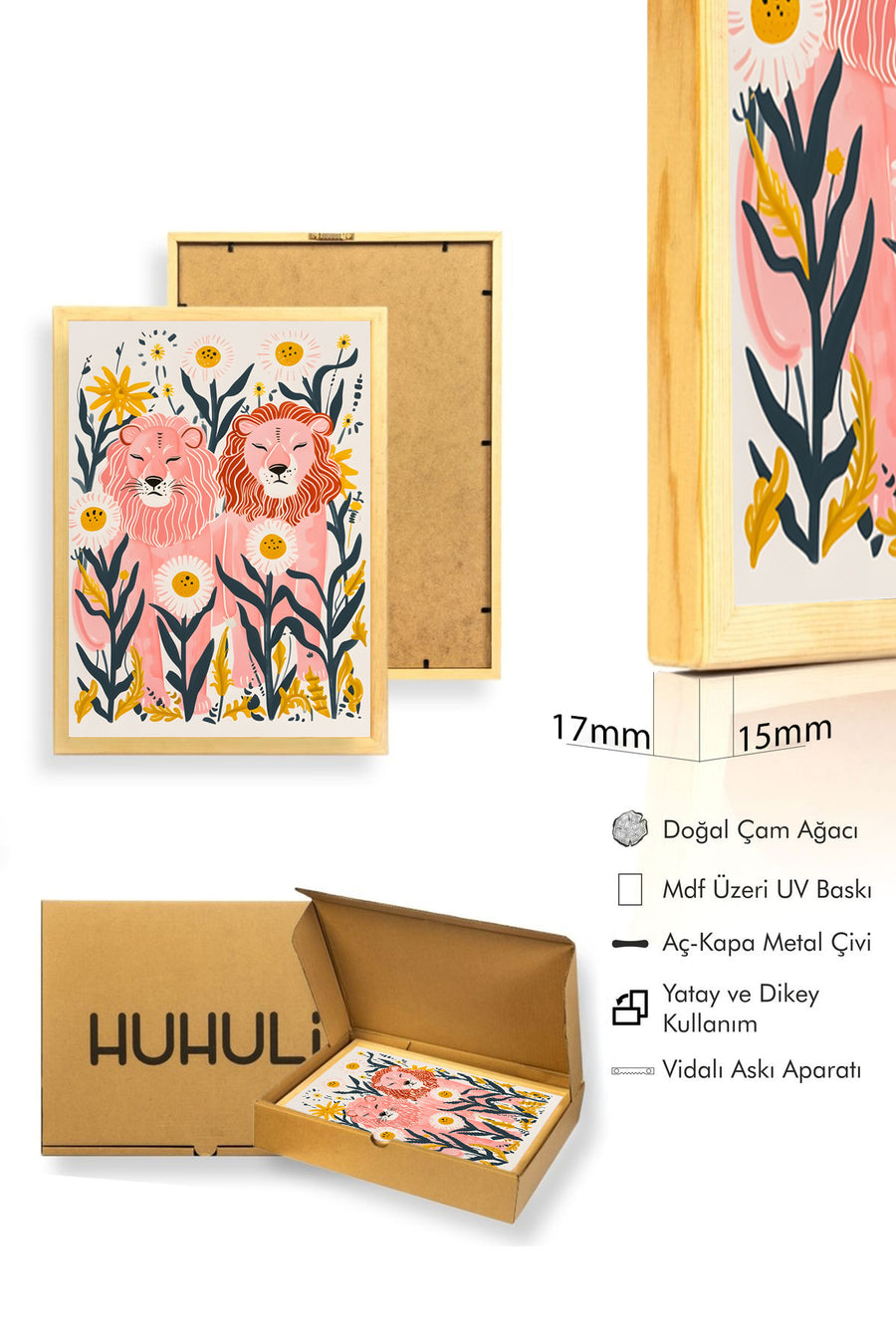 Doğal Ahşap Çerçeveli Retro Aslan ve Çiçek Desenli Tablo - Pembe Tonlar | huhu2611