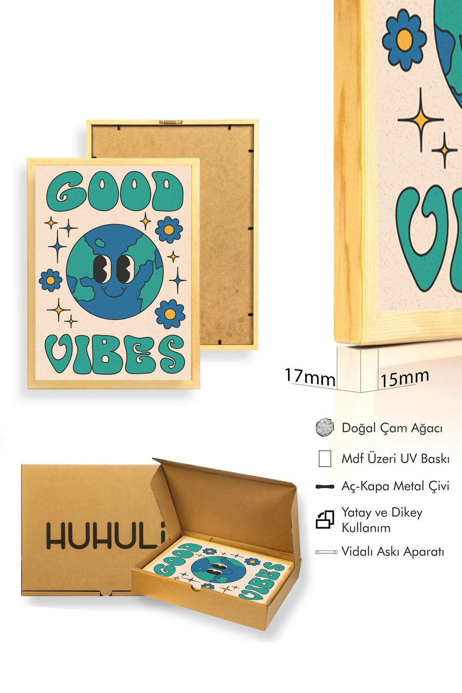 Doğal Ahşap Çerçeveli Pop Art Dünya Tablo - Good Vibes Retro | huhu2613