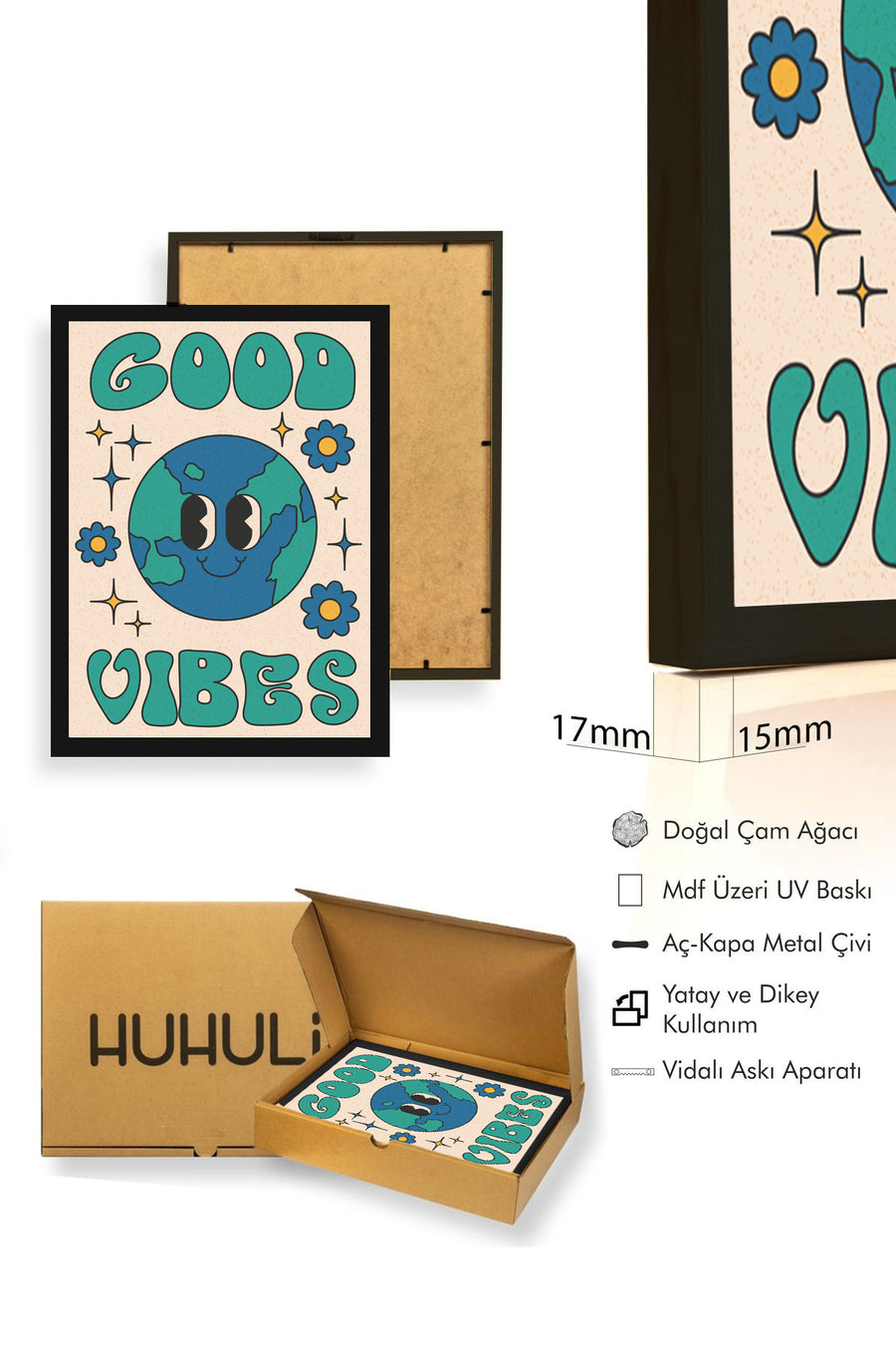 Doğal Ahşap Çerçeveli Pop Art Dünya Tablo - Good Vibes Retro | huhu2613