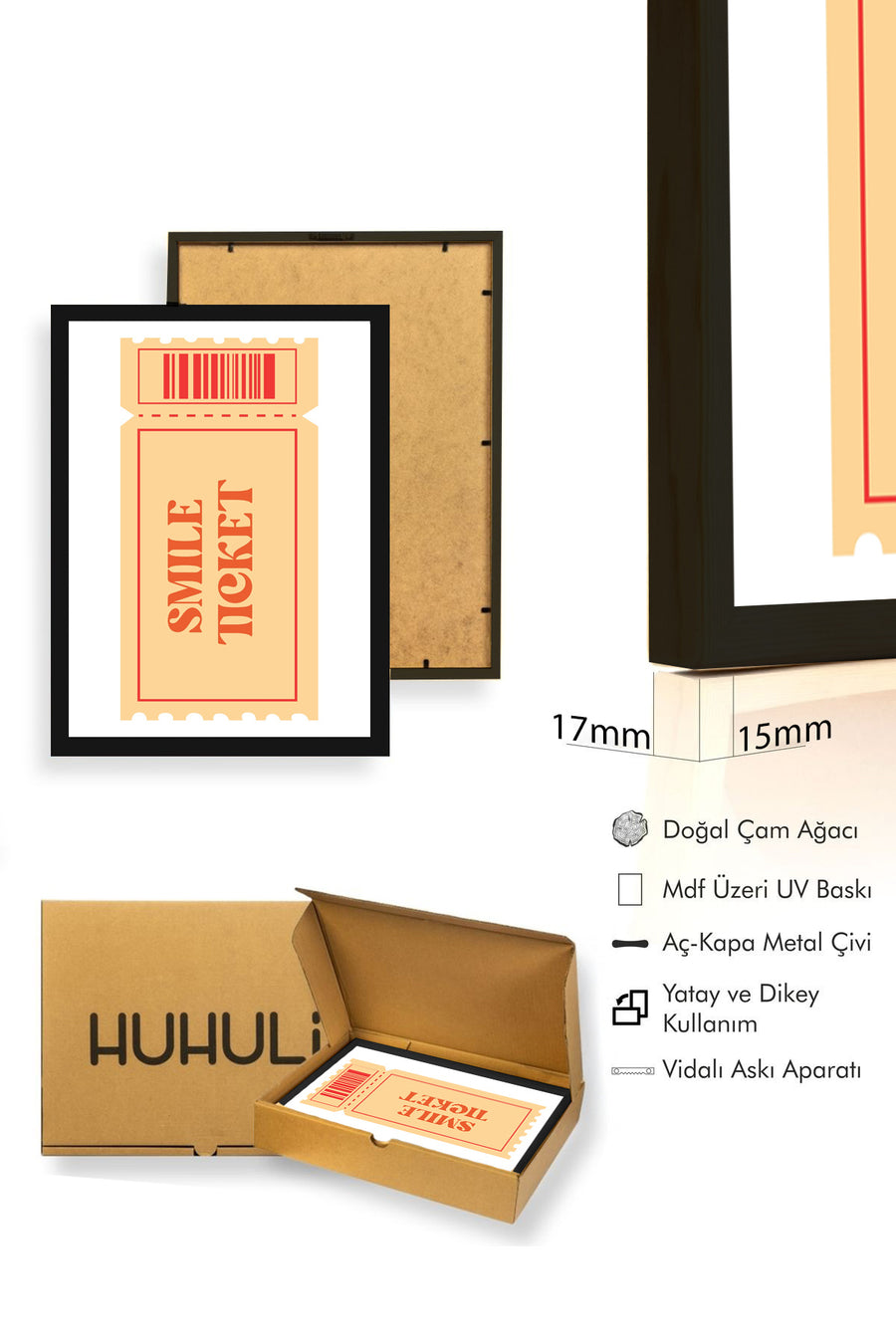 Doğal Ahşap Çerçeveli Retro Tablo - Smile Bilet Temalı | huhu2615