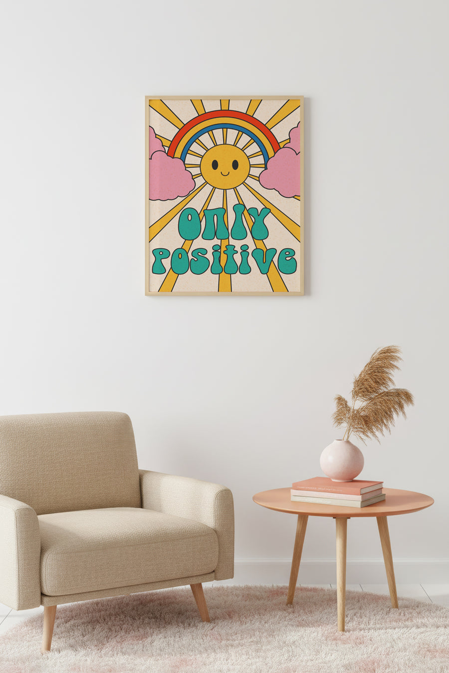 Doğal Ahşap Çerçeveli Retro Tablo - Pop Art Pozitif Güneş Yağmurkuşağı | huhu2618