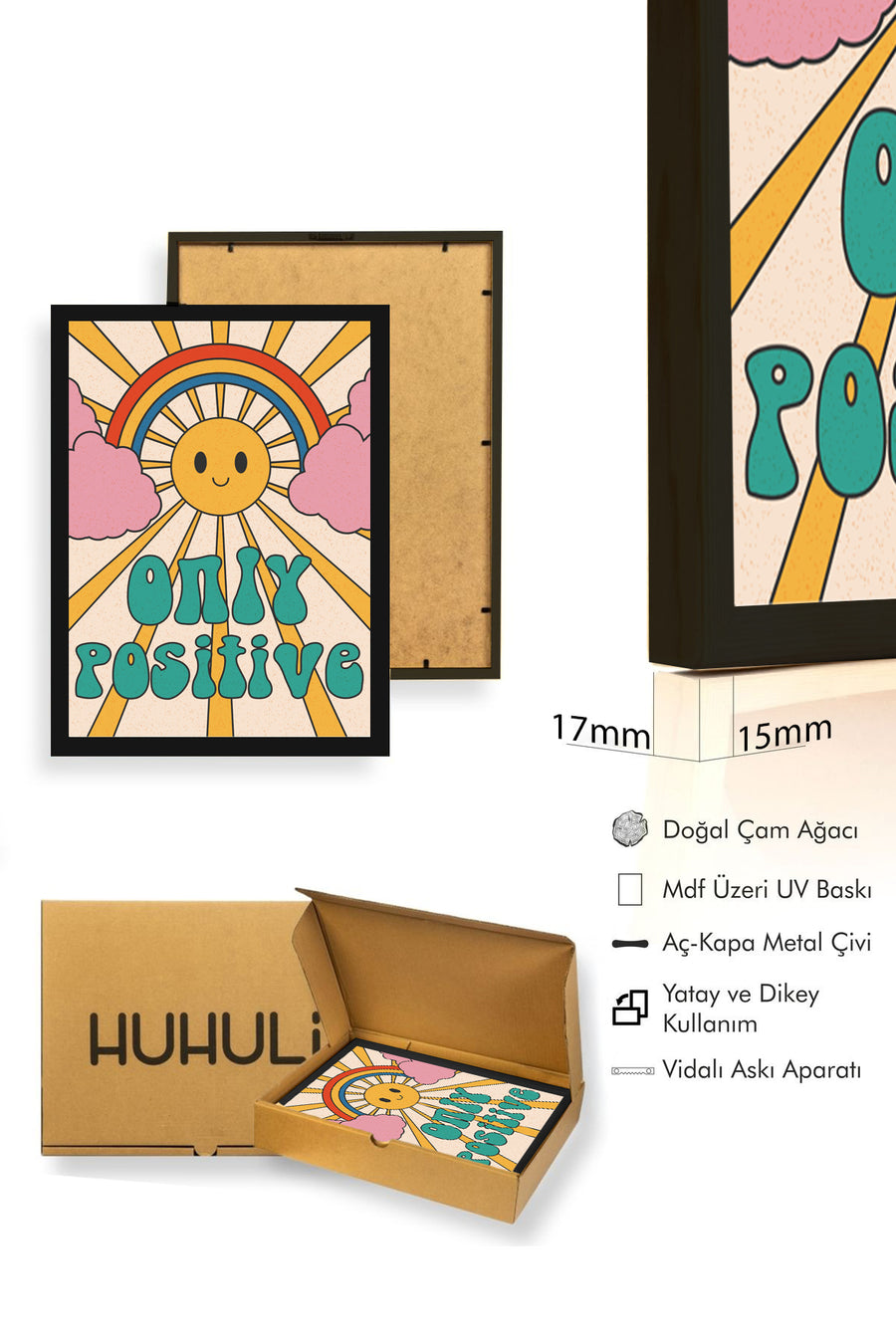 Doğal Ahşap Çerçeveli Retro Tablo - Pop Art Pozitif Güneş Yağmurkuşağı | huhu2618