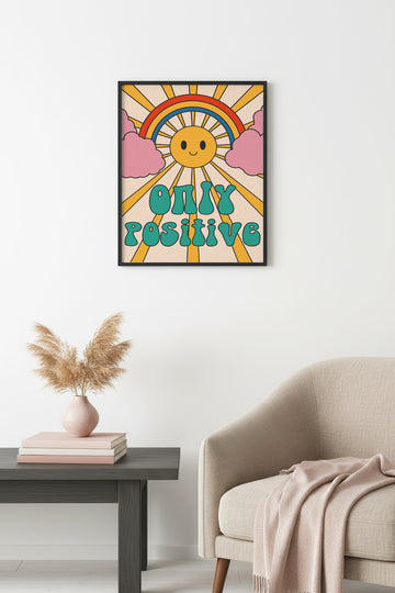 Doğal Ahşap Çerçeveli Retro Tablo - Pop Art Pozitif Güneş Yağmurkuşağı | huhu2618