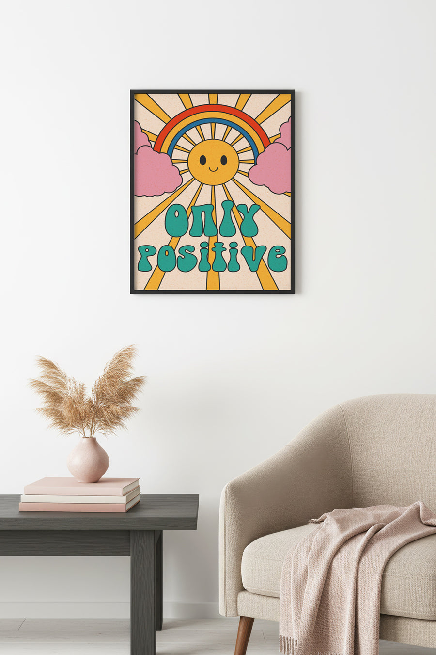 Doğal Ahşap Çerçeveli Retro Tablo - Pop Art Pozitif Güneş Yağmurkuşağı | huhu2618