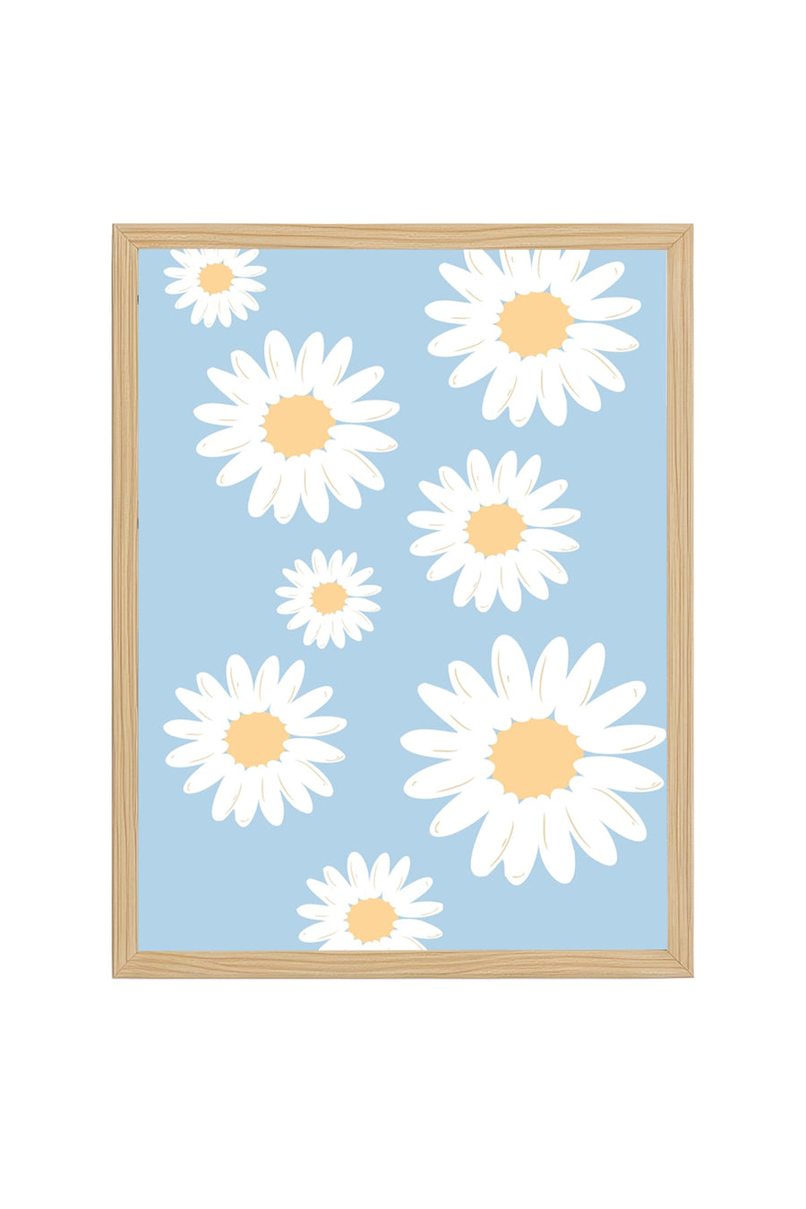 Doğal Ahşap Çerçeveli Retro Tablo - Sarı Daisy Çiçekli Duvar Dekoru | huhu2620