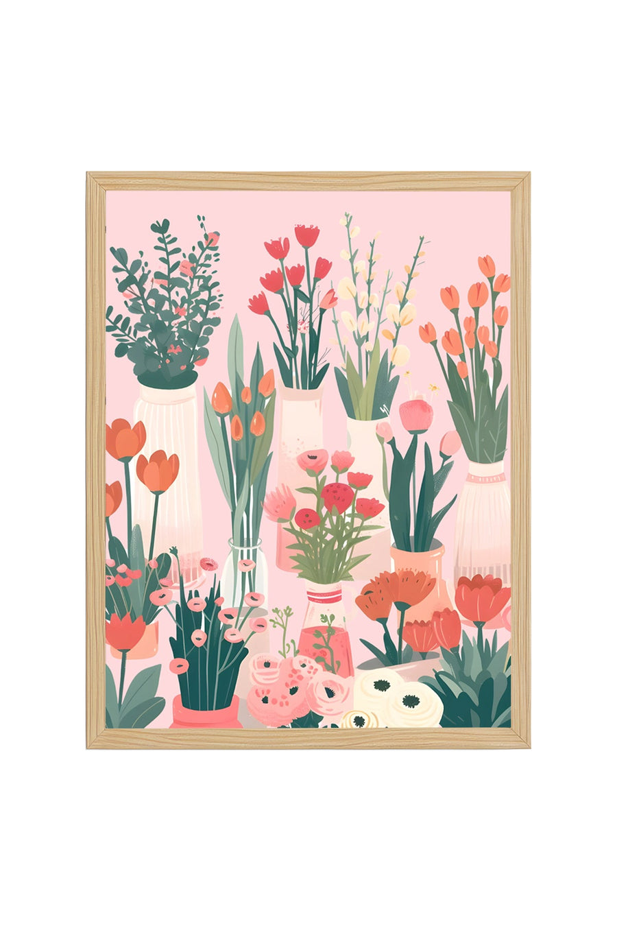 Doğal Ahşap Çerçeveli Retro Floral Tablo - Pastel Çiçek Desenli | huhu2621