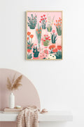 Doğal Ahşap Çerçeveli Retro Floral Tablo - Pastel Çiçek Desenli | huhu2621