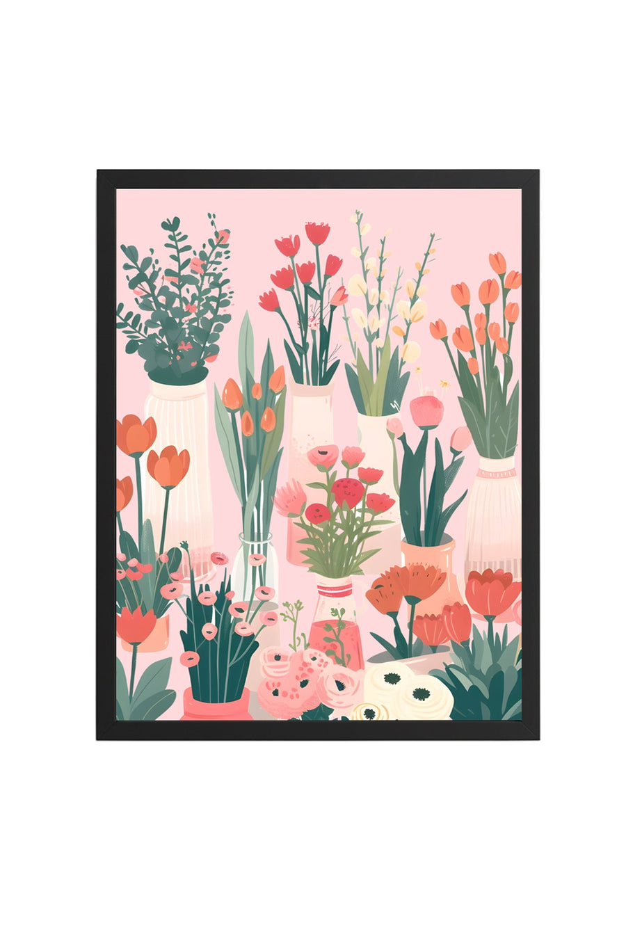 Doğal Ahşap Çerçeveli Retro Floral Tablo - Pastel Çiçek Desenli | huhu2621