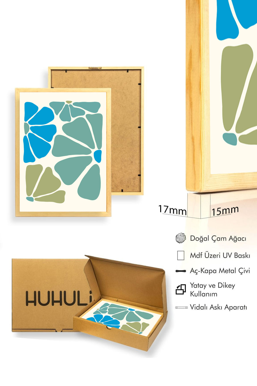 Doğal Ahşap Çerçeveli Retro Tablo - Soyut Geometrik Mavi Yeşil Dekoratif Tablo | huhu2622