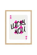 Doğal Ahşap Çerçeveli Retro Tablo - Pembe Kaligrafi Lucky You Duvar Dekoru | huhu2628