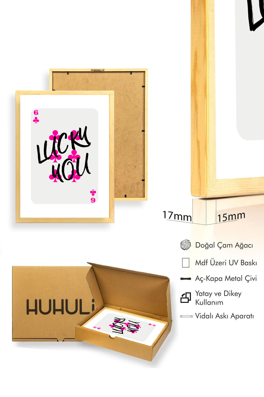 Doğal Ahşap Çerçeveli Retro Tablo - Pembe Kaligrafi Lucky You Duvar Dekoru | huhu2628