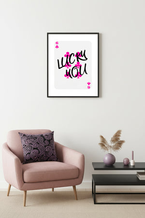 Doğal Ahşap Çerçeveli Retro Tablo - Pembe Kaligrafi Lucky You Duvar Dekoru | huhu2628