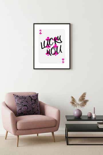 Doğal Ahşap Çerçeveli Retro Tablo - Pembe Kaligrafi Lucky You Duvar Dekoru | huhu2628