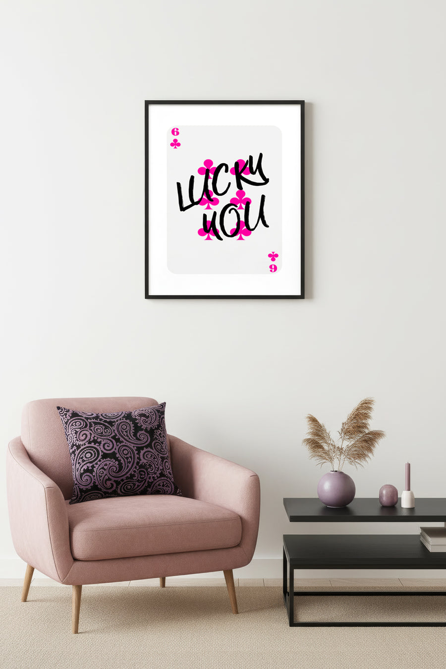 Doğal Ahşap Çerçeveli Retro Tablo - Pembe Kaligrafi Lucky You Duvar Dekoru | huhu2628