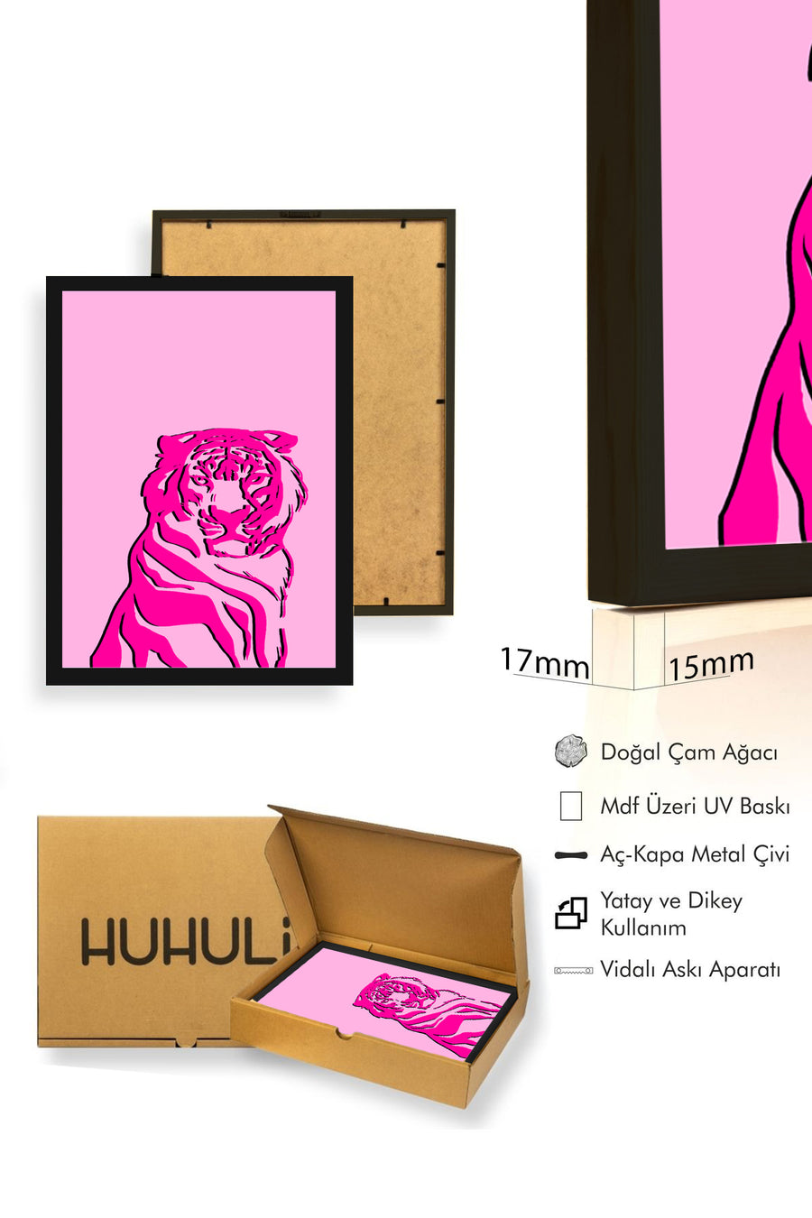 Doğal Ahşap Çerçeveli Retro Kaplan Tablo - Canlı Pembe Portre | huhu2633