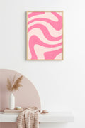Doğal Ahşap Çerçeveli Retro Soyut Dalga Desenli Tablo - Pastel Pembe | huhu2639