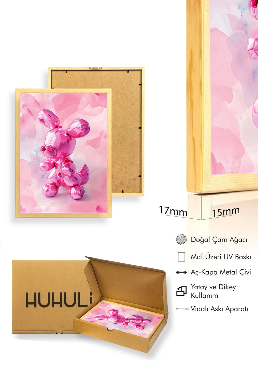 Doğal Ahşap Çerçeveli Retro Tablo - Pembe Pop Art Tavşan | huhu2640