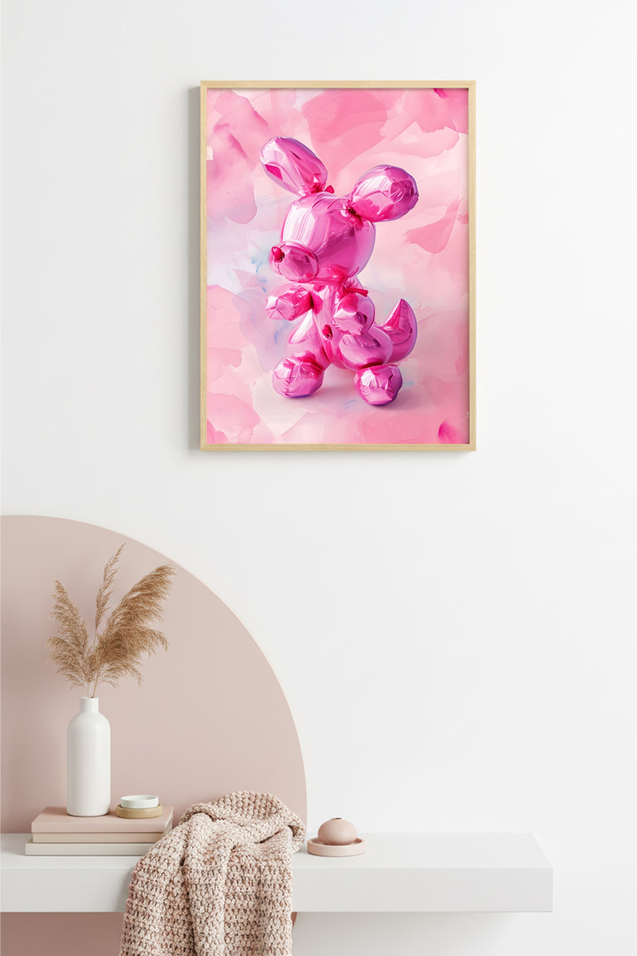 Doğal Ahşap Çerçeveli Retro Tablo - Pembe Pop Art Tavşan | huhu2640