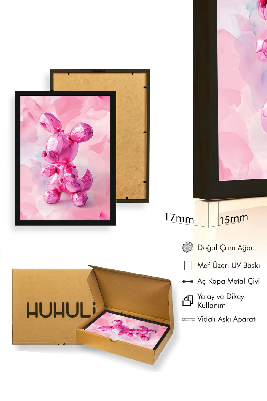 Doğal Ahşap Çerçeveli Retro Tablo - Pembe Pop Art Tavşan | huhu2640