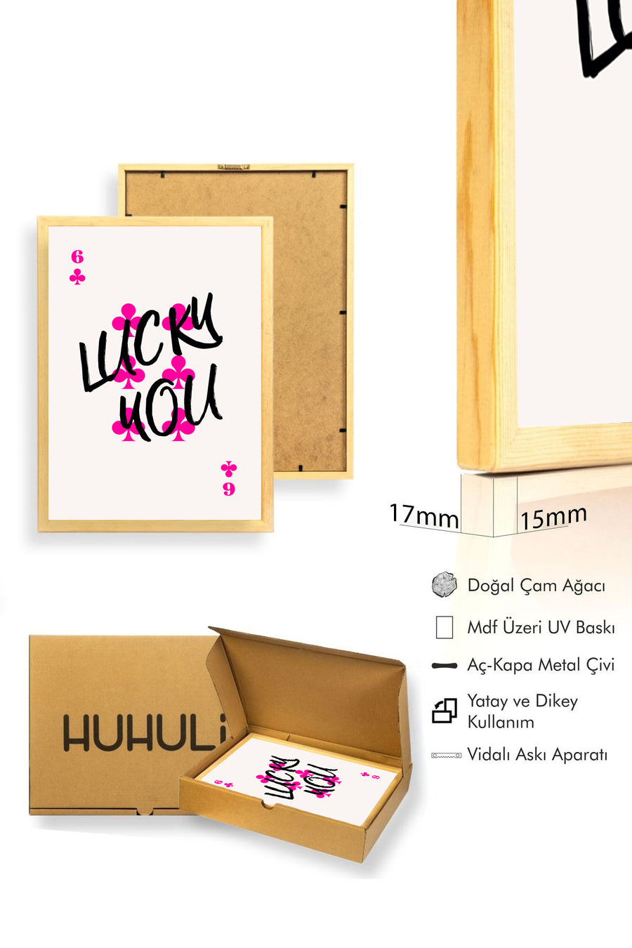 Doğal Ahşap Çerçeveli Retro Pop Art Tablo - Pembe Sembollü Yazı Tasarımı | huhu2642