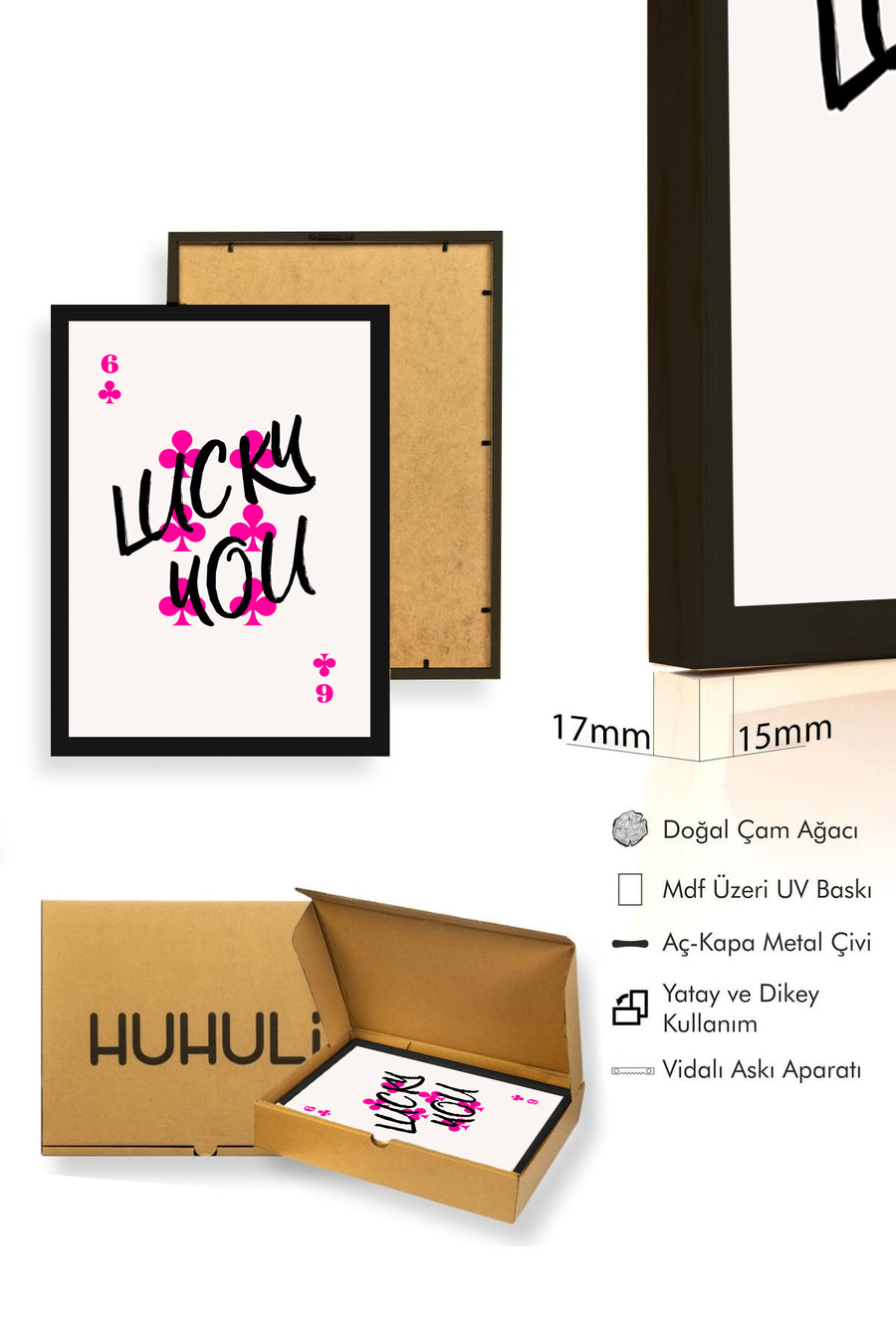 Doğal Ahşap Çerçeveli Retro Pop Art Tablo - Pembe Sembollü Yazı Tasarımı | huhu2642