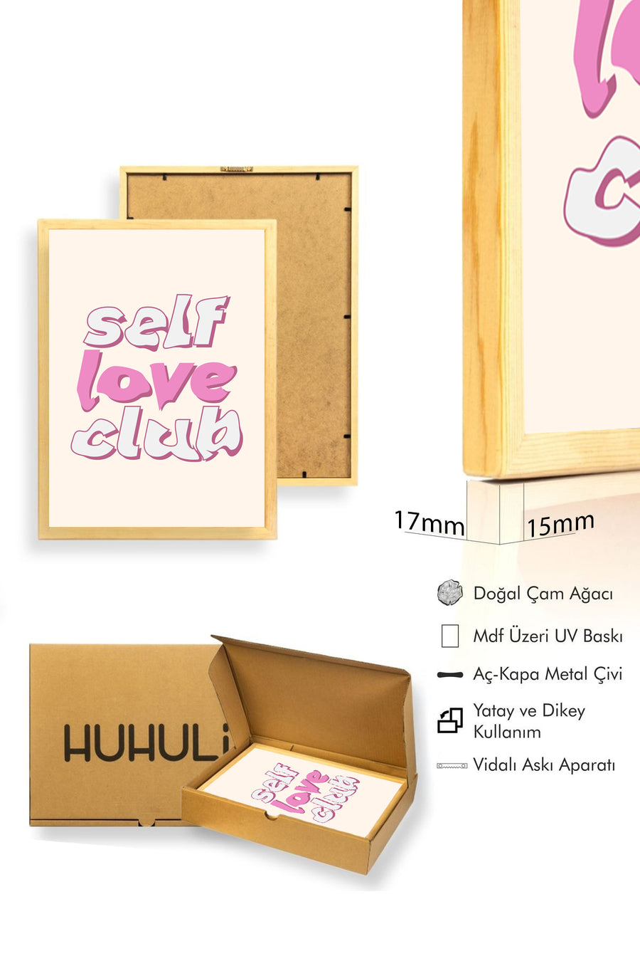 Doğal Ahşap Çerçeveli Retro Tablo - Self Love Club Pembe Tonlar | huhu2643