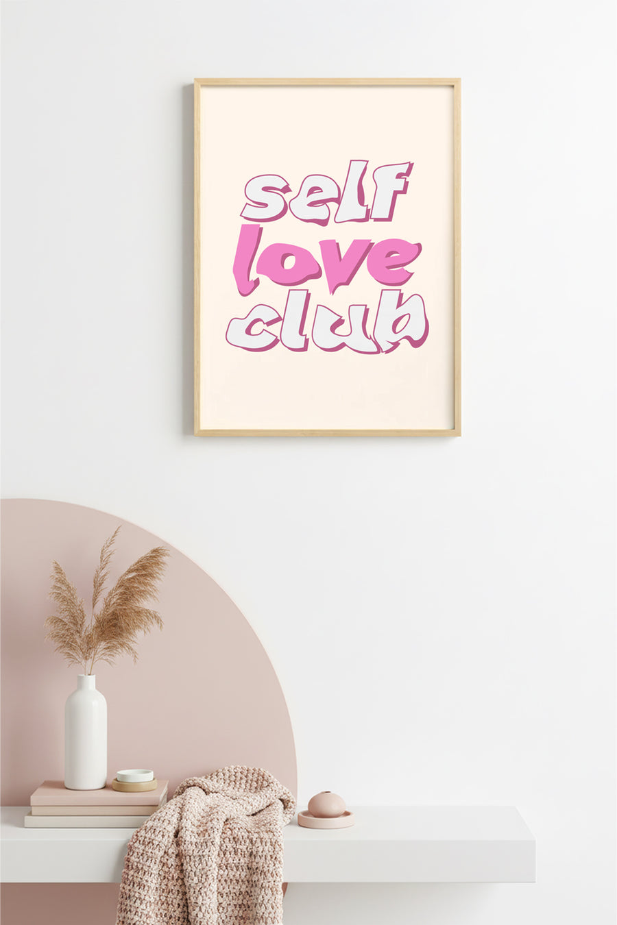 Doğal Ahşap Çerçeveli Retro Tablo - Self Love Club Pembe Tonlar | huhu2643