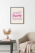 Doğal Ahşap Çerçeveli Retro Tablo - Self Love Club Pembe Tonlar | huhu2643