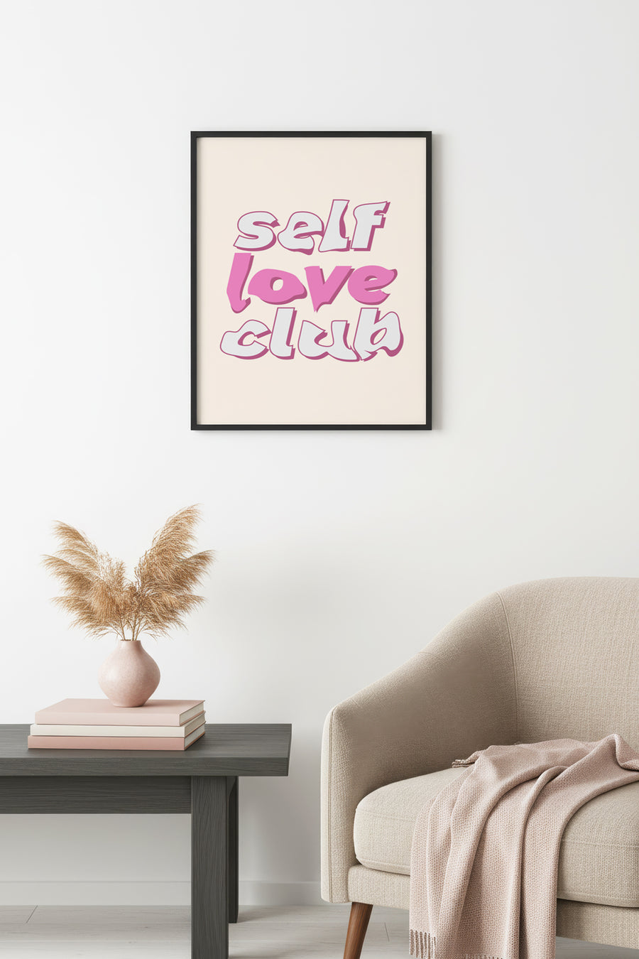 Doğal Ahşap Çerçeveli Retro Tablo - Self Love Club Pembe Tonlar | huhu2643