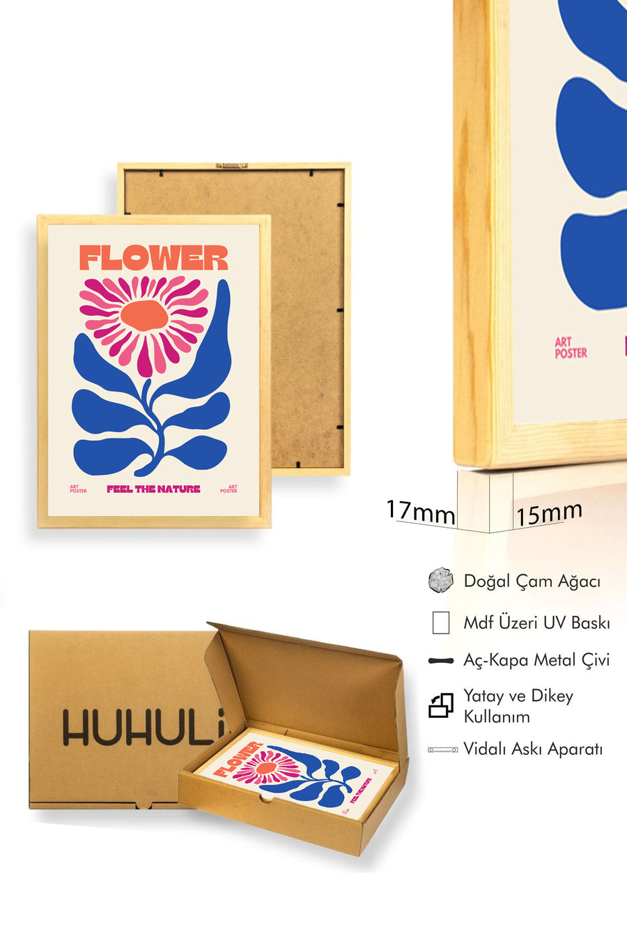 Doğal Ahşap Çerçeveli Retro Çiçek Tablo - Pop Art Tarzı | huhu2644