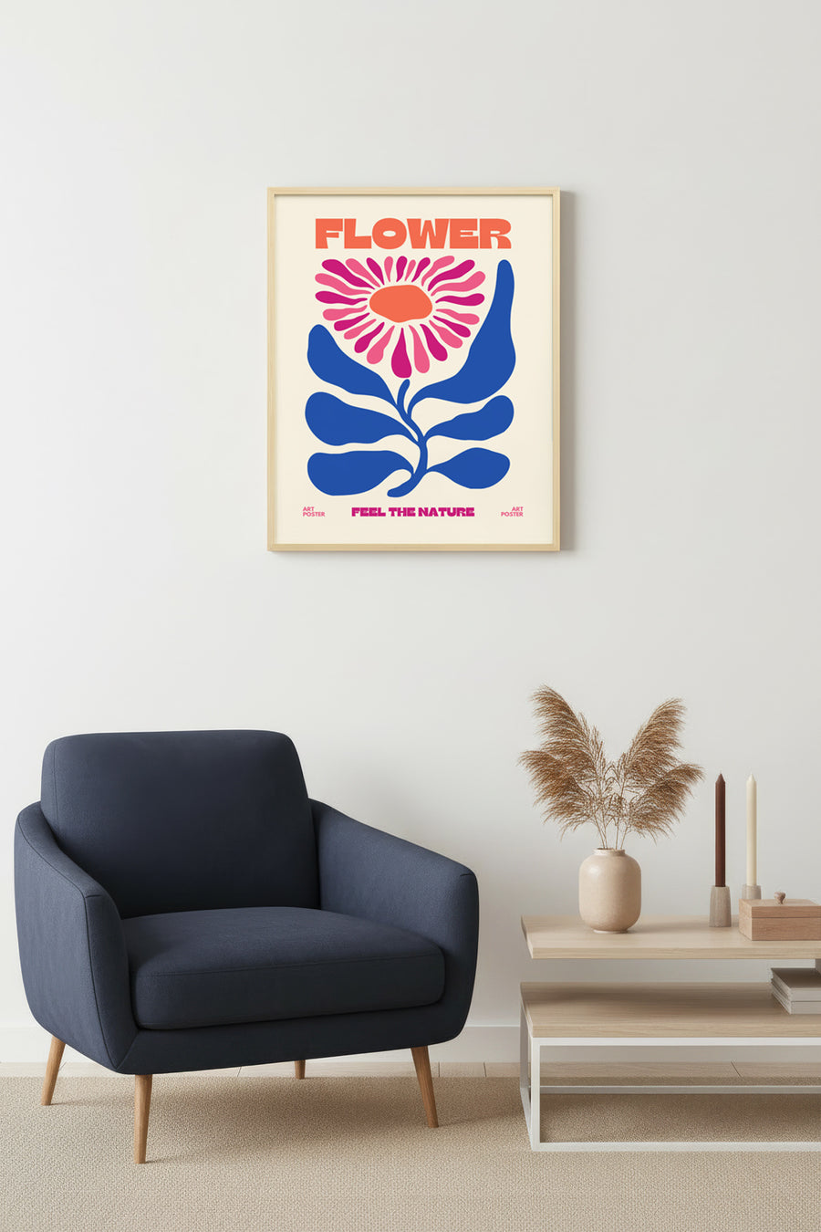 Doğal Ahşap Çerçeveli Retro Çiçek Tablo - Pop Art Tarzı | huhu2644