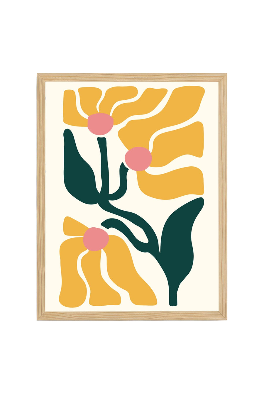 Doğal Ahşap Çerçeveli Retro Çiçek Tablo - Soyut Floral Desenli | huhu2645